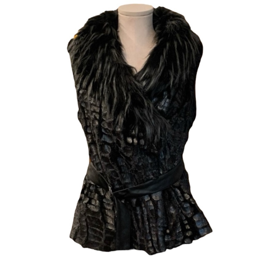 Faux Frenzi Faux Fur Black Vest with Belt size Small
